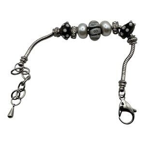 Silver-Tone Charm Bracelet with Black & White Glass Beads and‎ Rhinestones